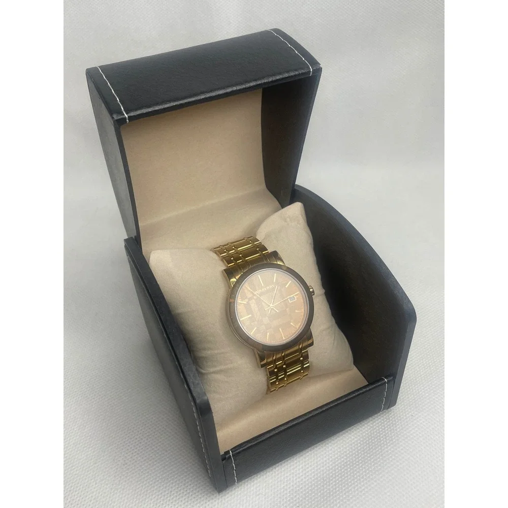 Burberry The City Rose Gold Quartz Watch 37mm Engraved Monochrome Dial Date Feat